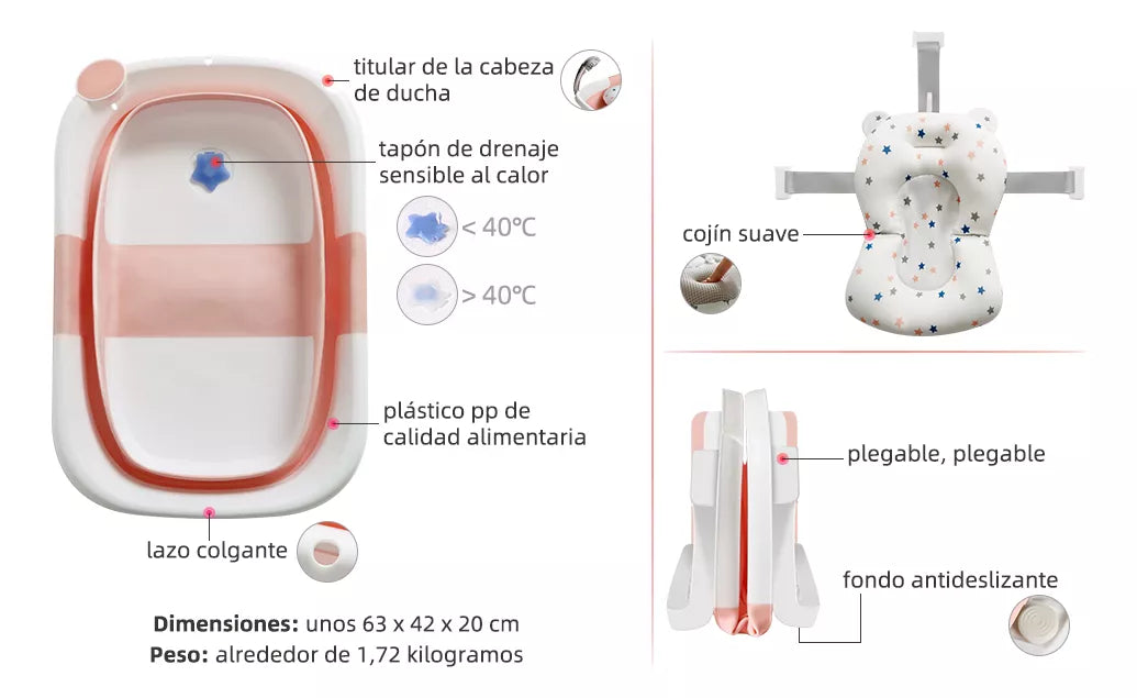 Bañera Plegable con Termómetro + Cojín